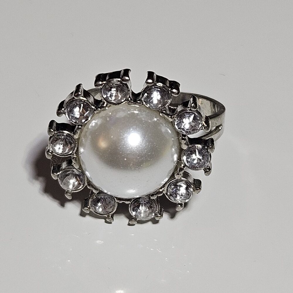 Silver Tone Faux Pearl Clear Rhinestone Accents Adjustable Ring
